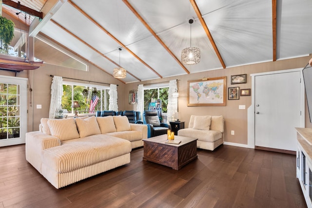 15-2693 Oio St, Pahoa, HI 96778 - living area featuring beamed ceiling, dark wood-style flooring, baseboards, healthy amount of natural light, and high vaulted ceiling