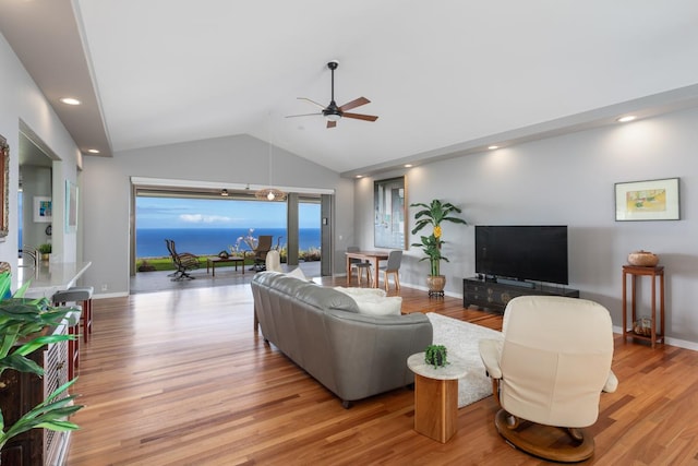 76-4391 Leilani St, Kailua-Kona, HI 96740 - living area featuring a ceiling fan, lofted ceiling, light wood-style flooring, and recessed lighting