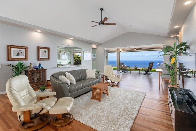 76-4391 Leilani St, Kailua-Kona, HI 96740 - living room featuring ceiling fan, light wood-style floors, high vaulted ceiling, and recessed lighting