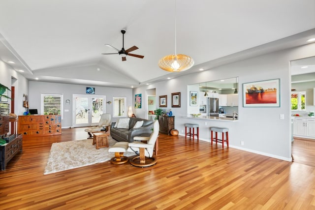 76-4391 Leilani St, Kailua-Kona, HI 96740 - living room featuring a ceiling fan, light wood-type flooring, vaulted ceiling, and recessed lighting