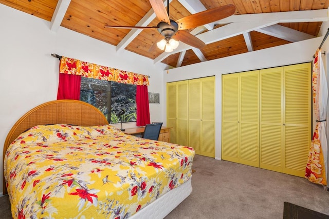 87-3181 Japonica Rd, Captain Cook, HI 96704 - carpeted bedroom featuring two closets, wood ceiling, and ceiling fan