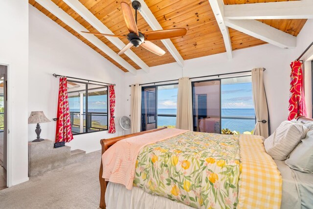 87-3181 Japonica Rd, Captain Cook, HI 96704 - carpeted bedroom with wood ceiling, access to exterior, a water view, and a ceiling fan