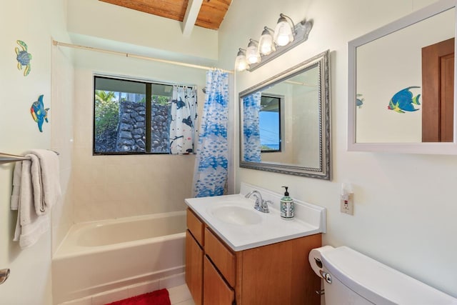 87-3181 Japonica Rd, Captain Cook, HI 96704 - bathroom with vanity, shower / bath combo with shower curtain, and beamed ceiling