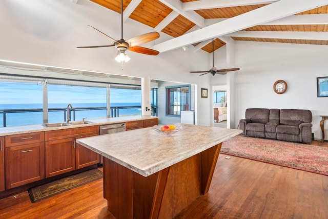 87-3181 Japonica Rd, Captain Cook, HI 96704 - kitchen with ceiling fan, light countertops, dark wood-style flooring, a wooden ceiling with exposed beams, and high vaulted ceiling