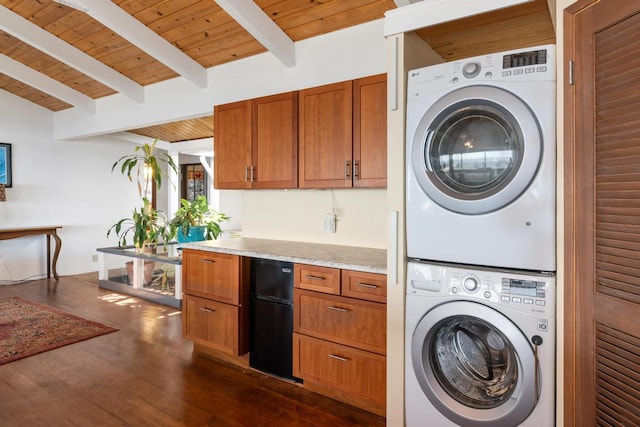 87-3181 Japonica Rd, Captain Cook, HI 96704 - laundry area with stacked washer and clothes dryer, wood ceiling, and dark wood finished floors