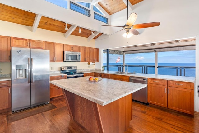 87-3181 Japonica Rd, Captain Cook, HI 96704 - kitchen with stainless steel appliances, dark wood-style flooring, high vaulted ceiling, light countertops, and a wooden ceiling with exposed beams
