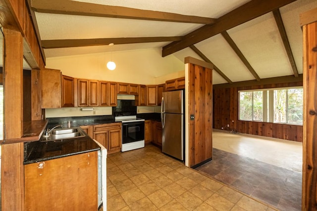 137 Kuakolu Pl, Hilo, HI 96720 - kitchen with freestanding refrigerator, range with electric cooktop, dark countertops, beamed ceiling, and brown cabinets