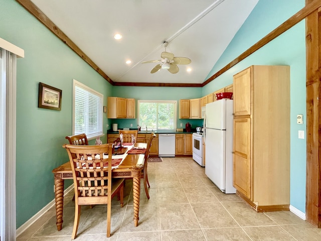 95-5974-A Mamalahoa Hwy, Naalehu, HI 96772 - kitchen with white appliances, vaulted ceiling, ceiling fan, light brown cabinets, and light tile patterned floors