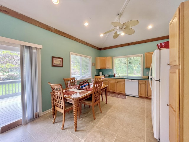 95-5974-A Mamalahoa Hwy, Naalehu, HI 96772 - dining space featuring vaulted ceiling, ceiling fan, light tile patterned floors, and recessed lighting