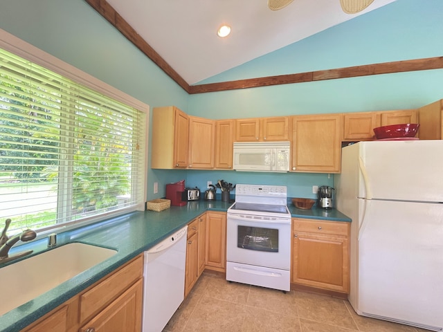 95-5974-A Mamalahoa Hwy, Naalehu, HI 96772 - kitchen with white appliances, a sink, dark countertops, light tile patterned floors, and light brown cabinetry