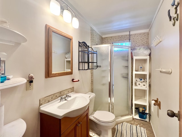 95-5974-A Mamalahoa Hwy, Naalehu, HI 96772 - bathroom featuring toilet, vanity, a shower stall, and ornamental molding