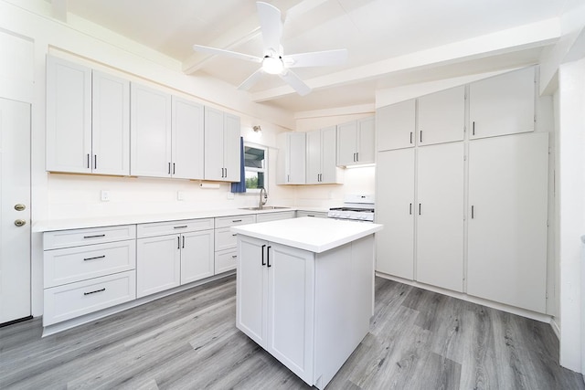 4 Nani Pl, Hilo, HI 96720 - kitchen with white range, a sink, a ceiling fan, beamed ceiling, and light wood-style floors