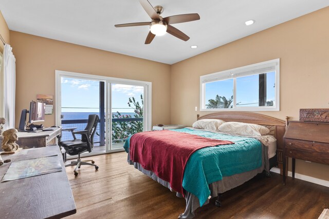 36-2331 Old Mamalahoa Hwy, Laupahoehoe, HI 96764 - bedroom with access to outside, wood finished floors, a desk, recessed lighting, and ceiling fan