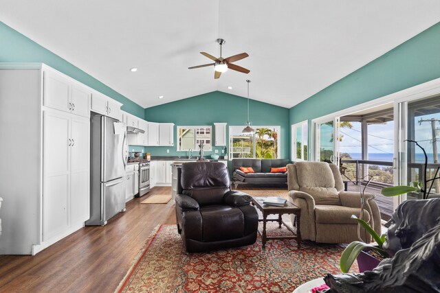 36-2331 Old Mamalahoa Hwy, Laupahoehoe, HI 96764 - living room with wood finished floors, a ceiling fan, and lofted ceiling