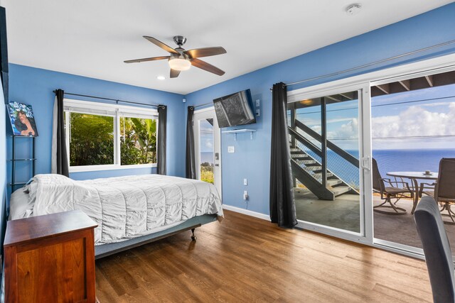 36-2331 Old Mamalahoa Hwy, Laupahoehoe, HI 96764 - bedroom with access to exterior, wood finished floors, baseboards, a ceiling fan, and recessed lighting