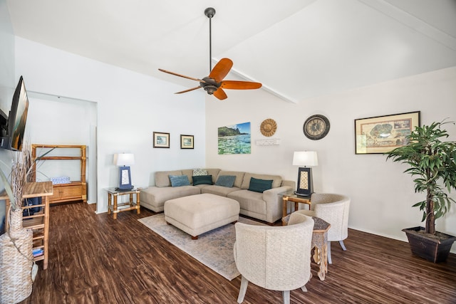 4460 Nehe Rd Unit 228, Lihue, HI 96766 - living area featuring a ceiling fan, dark wood-type flooring, and high vaulted ceiling