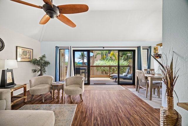 4460 Nehe Rd Unit 228, Lihue, HI 96766 - living area featuring wood finished floors, ceiling fan, high vaulted ceiling, and a textured wall