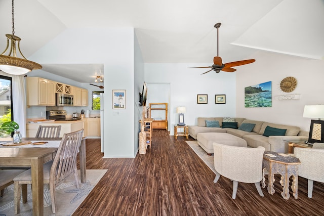 4460 Nehe Rd Unit 228, Lihue, HI 96766 - living area with high vaulted ceiling, ceiling fan, and dark wood-style floors