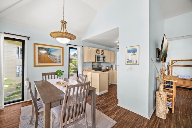 4460 Nehe Rd Unit 228, Lihue, HI 96766 - dining space with dark wood-style flooring and high vaulted ceiling