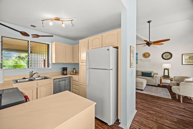 4460 Nehe Rd Unit 228, Lihue, HI 96766 - kitchen with freestanding refrigerator, dishwasher, ceiling fan, dark wood finished floors, and open floor plan