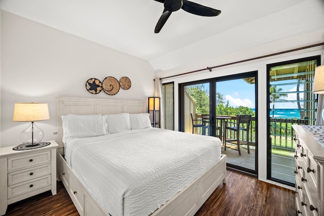 4460 Nehe Rd Unit 228, Lihue, HI 96766 - bedroom featuring vaulted ceiling, access to outside, dark wood-type flooring, and ceiling fan