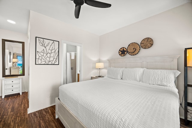 4460 Nehe Rd Unit 228, Lihue, HI 96766 - bedroom featuring dark wood-style flooring, a ceiling fan, and recessed lighting