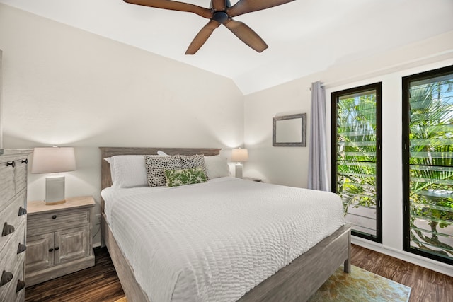 4460 Nehe Rd Unit 228, Lihue, HI 96766 - bedroom featuring vaulted ceiling, dark wood-type flooring, and a ceiling fan