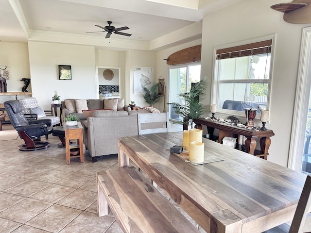 77-6450 Walua Rd, Kailua-Kona, HI 96740 - dining space featuring light tile patterned floors, ceiling fan, and ornamental molding
