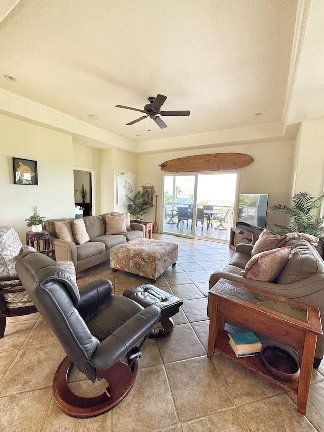 77-6450 Walua Rd, Kailua-Kona, HI 96740 - living room with tile patterned floors, ceiling fan, and ornamental molding