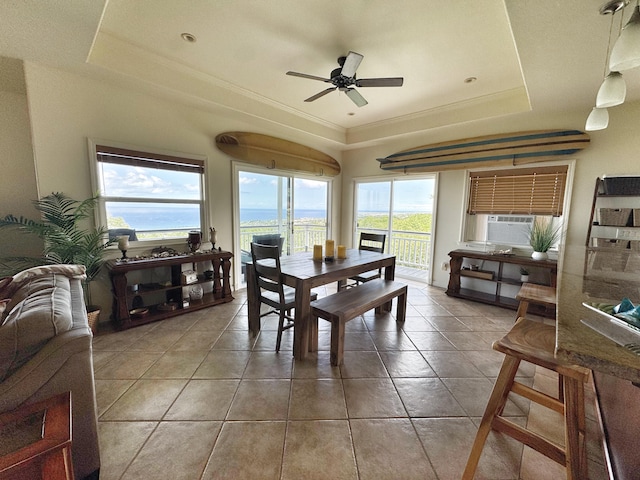 77-6450 Walua Rd, Kailua-Kona, HI 96740 - tiled dining area featuring a raised ceiling, ceiling fan, plenty of natural light, and ornamental molding