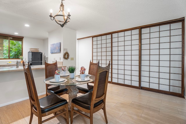 78-6800 Alii Dr Unit 8104, Kailua-Kona, HI 96740 - dining space featuring a textured ceiling, light wood-type flooring, a chandelier, and recessed lighting