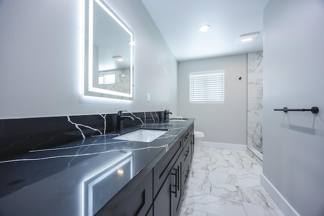 15-1776 6th Ave, Keaau, HI 96749 - bathroom with marble look tile flooring, double vanity, a marble finish shower, toilet, and baseboards