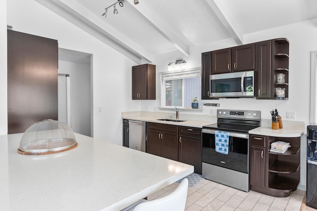 15-1385 Makuu Dr, Keaau, HI 96749 - kitchen with stainless steel appliances, open shelves, a sink, and light countertops