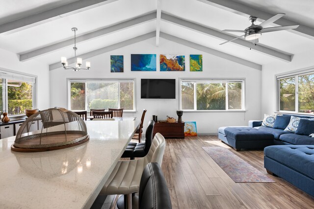 15-1385 Makuu Dr, Keaau, HI 96749 - living area with wood finished floors, a chandelier, and ceiling fan