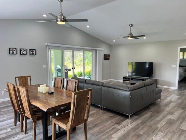 16-553 Orchidland Dr, Kurtistown, HI 96760 - dining area featuring ceiling fan, plenty of natural light, wood finished floors, lofted ceiling, and recessed lighting