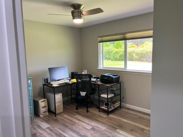 16-553 Orchidland Dr, Kurtistown, HI 96760 - office area with wood finished floors and ceiling fan