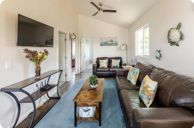 92-8260 Bamboo Ln, Ocean View, HI 96737 - living room with wood finished floors, vaulted ceiling, and ceiling fan