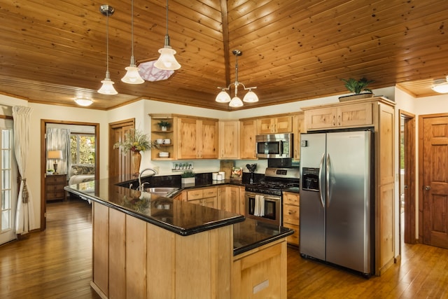 99-1808 Kilau Way, Volcano, HI 96785 - kitchen with stainless steel appliances, a peninsula, open shelves, dark countertops, and light brown cabinets
