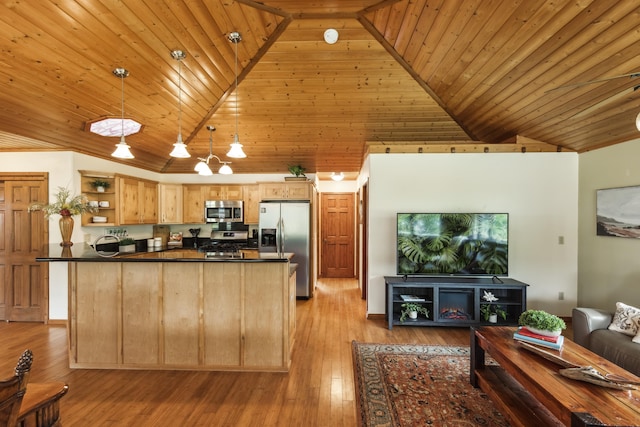 99-1808 Kilau Way, Volcano, HI 96785 - kitchen with appliances with stainless steel finishes, dark countertops, open shelves, wood ceiling, and open floor plan