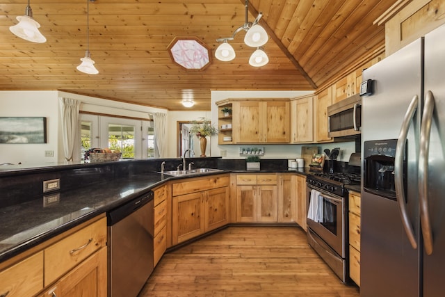 99-1808 Kilau Way, Volcano, HI 96785 - kitchen with appliances with stainless steel finishes, wooden ceiling, vaulted ceiling, open shelves, and light wood-type flooring