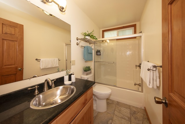 99-1808 Kilau Way, Volcano, HI 96785 - full bathroom with vanity, stone tile flooring, and enclosed tub / shower combo