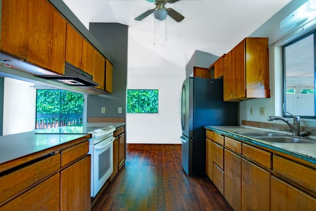 3351 Kalua Moa Rd, Koloa, HI 96756 - kitchen featuring white range with electric stovetop, ceiling fan, brown cabinets, dark wood-type flooring, and freestanding refrigerator