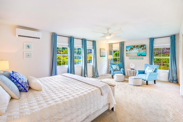 3764 Kakela Makai Dr, Kalaheo, HI 96741 - carpeted bedroom featuring a wall mounted air conditioner, multiple windows, baseboards, and a ceiling fan