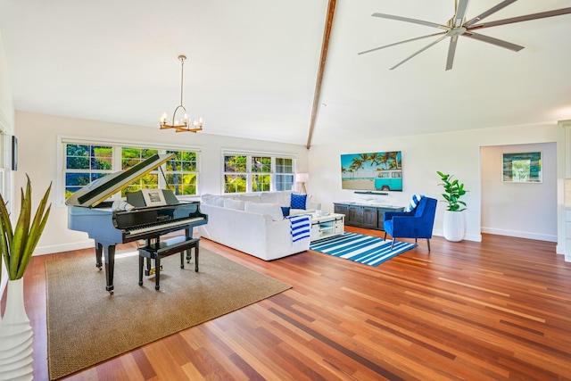 3764 Kakela Makai Dr, Kalaheo, HI 96741 - living room featuring a chandelier, wood finished floors, beam ceiling, baseboards, and high vaulted ceiling