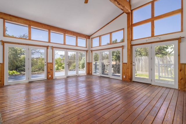 66-1665-A Kawaihae Rd, Kamuela, HI 96743 - unfurnished sunroom with french doors, hardwood / wood-style floors, a wooden deck, healthy amount of natural light, and high vaulted ceiling