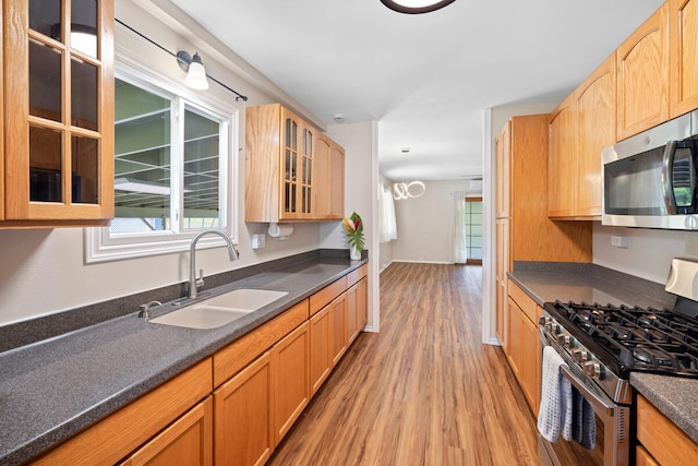 5045 Menehune Rd, Waimea, HI 96796 - kitchen featuring stainless steel appliances, light wood finished floors, dark countertops, and glass insert cabinets