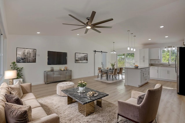16-2075 Lilikoi Dr, Pahoa, HI 96778 - living room featuring ceiling fan, light wood-style flooring, recessed lighting, and vaulted ceiling