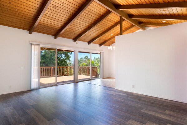 68-3750 Ua Noe Pl, Waikoloa, HI 96738 - unfurnished room with wooden ceiling with exposed beams, dark wood-type flooring, a chandelier, baseboards, and high vaulted ceiling