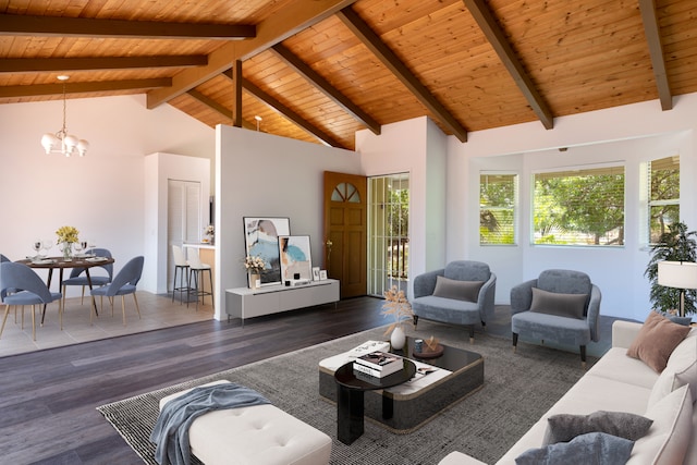 68-3750 Ua Noe Pl, Waikoloa, HI 96738 - living room with a chandelier, wood ceiling with exposed beams, wood finished floors, and high vaulted ceiling