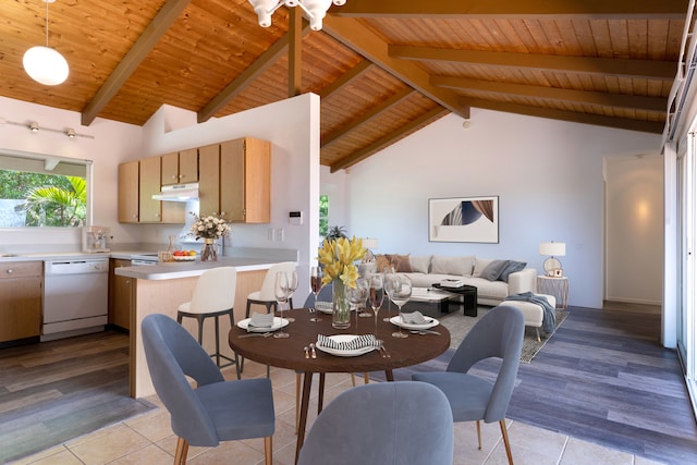 68-3750 Ua Noe Pl, Waikoloa, HI 96738 - dining room with wood ceiling with exposed beams, light tile patterned floors, and high vaulted ceiling